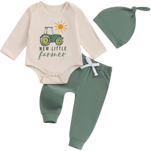 Newborn Baby Boy Tractor Clothes Cotton Funny Letter Bodysuit+Truck Leggings Hat Farm Baby Shower Coming Home Outfit
