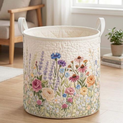 Wildflower Quilted Laundry Basket - Elegant Floral Storage Bin for Household Use 14" x 18" sold by Florance-Poor | SKU 2639944171 | Printerval
