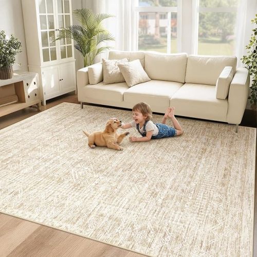 6x9 Area Rugs for Living Room: Washable Moroccan Geometric Boho Rug Farmhouse Non Slip Stain Resistant Large Rug Low Pile Soft Carpet for Bedroom Dining Room Home Office Children Room (Beige,6'x9')
