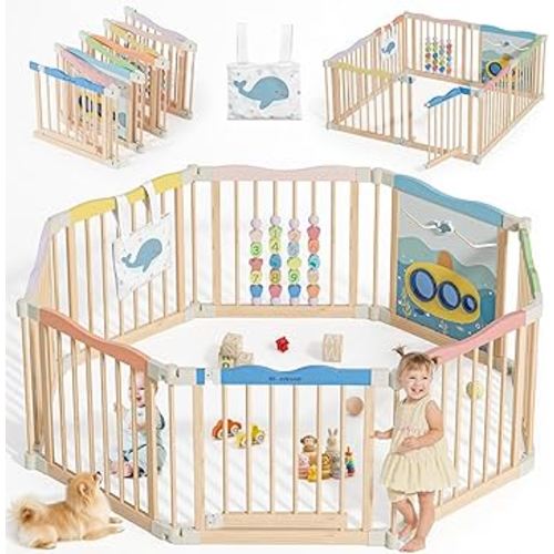 Foldable Wooden Playpen - Adjustable Wood Baby Play Yard with Door, Indoor Large Safety Fence for Babies and Toddlers - Easy Assembly, 8 Panels, Colorful Ocean Adventure