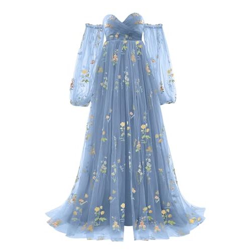 Tulle Maternity Dresses for Photoshoot Flower Embroidery Puffy Sleeve Ruffles Pregnancy Baby Shower Dress