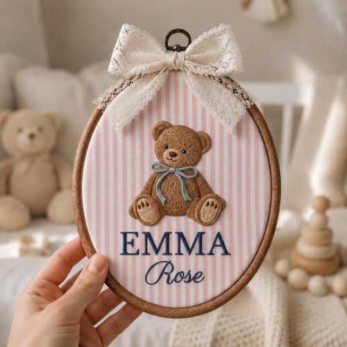 Personalized Teddy Bear Oval Baby Name Sign, Embroidered Teddy Name Hoop, Baby Announcement Ornament, Nursery Wall Decor, Baby Shower Gift