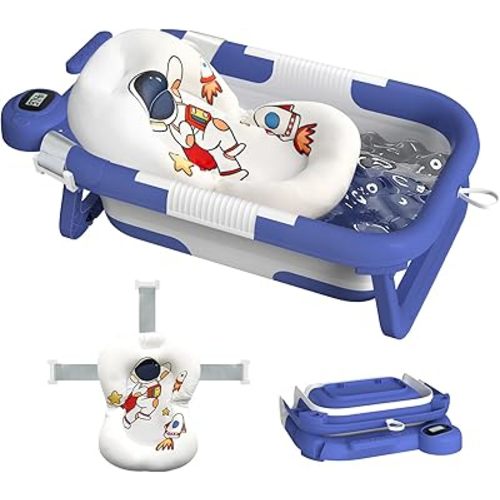 Collapsible Baby Bathtub for Newborn to Toddler (0-24 Months), Portable Baby Bath Tub for Travel, Newborn Bathtub with Soft and Supportive Cushion (Astronaut-Blue)