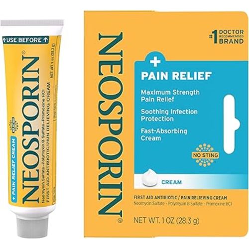 Neosporin + Maximum-Strength Pain Relief Dual Action Cream, First Aid Topical Antibiotic & Analgesic Cream for Wound Care of Minor Cuts, Scrapes & Burns, Polymyxin B & Pramoxine HCl, 1 oz