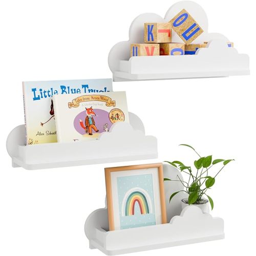 Cloud Shelves for Kid’s Room Nursery Wall Deor Set of 3, White Cloud Bookshelf Floating Shelf, Small Figure Shelf Wall Mounted, Cute Decorative Cloud Floating Shelf for Toys, Plants & Storage