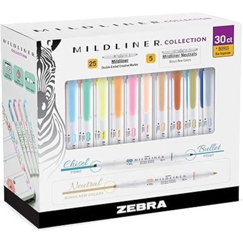 Mildliner Double-Ended Highlighter Set, Broad and Fine Point Tips, Ideal for Bible Highlighting, No Bleed, 30 Pastel and Neutral ink Colors, Pack of 30