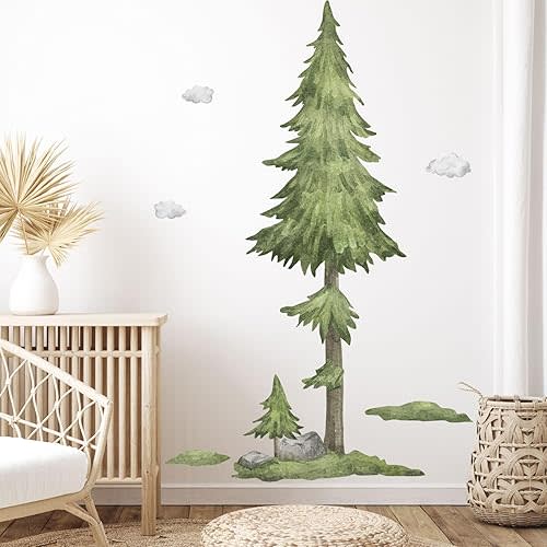 Large Pine Tree Wall Decal for Bedroom Living Room - Watercolor Peel and Stick Art Mural With Woodland Clouds for TV Sofa Background Nursery