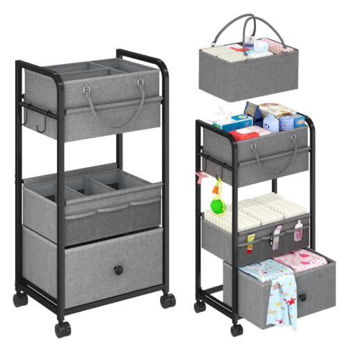 Cidaziya 3In1 Baby Diaper Caddy Organizer, 3 Tier Rolling Cart with Drawer, Detachable Dividers, Mobile Utility Cart Baby Dresser Clothes Organizer for Crib, Bedroom, Art & Craft Storage, Grey