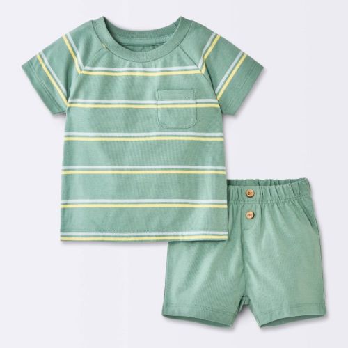 Baby Boys' 2pc Striped Raglan T-Shirt and Shorts Set - Cloud Island™ Green 0-3M