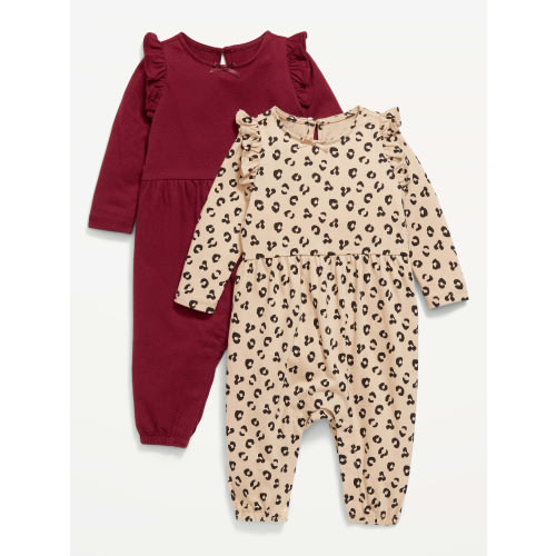 Printed Long-Sleeve Ruffle-Trim One-Piece 2-Pack for Baby