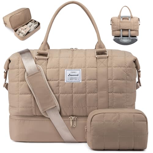 LOVEVOOK Travel Duffel Bag - Versatile Weekender Bag for Women, Puffer Carry On & Overnight Bag for Short Trips, Coffee Brown