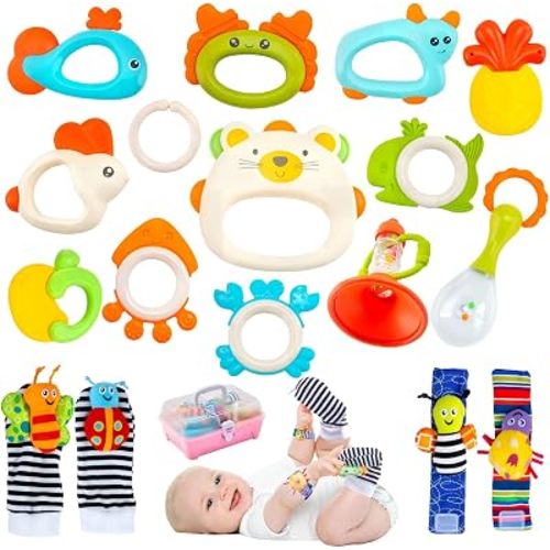 Baby Rattle Toy & Baby Rattle Sock Wrist Set, 17PCS Infant Toys 3-6 Months Boy Girl Gift, Toys 6 to 12, Baby Newborn Sensory Toy 0-3 Months