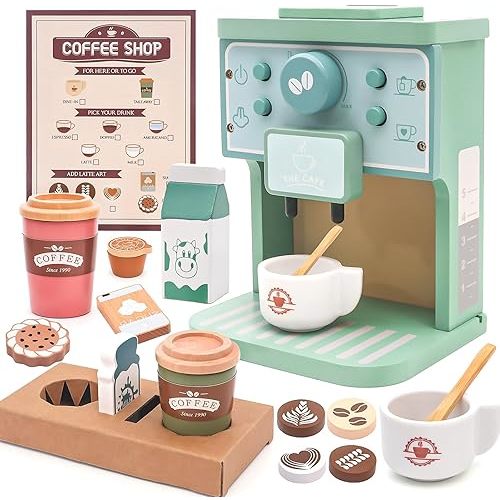 Kids Coffee Playset Toy Coffee Maker Set for Toddler Wooden Kitchen Accessories Pretend Play for Girls Boys Ages Birthday Gifts