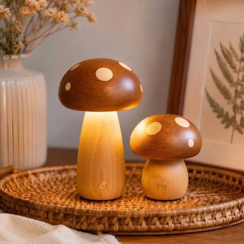 Wood Mushroom Lamp, Wooden Mushroom Night Light, Cute Kids Bedside Table Lamp, Warm Glow Nursery Cottagecore Decor Gift