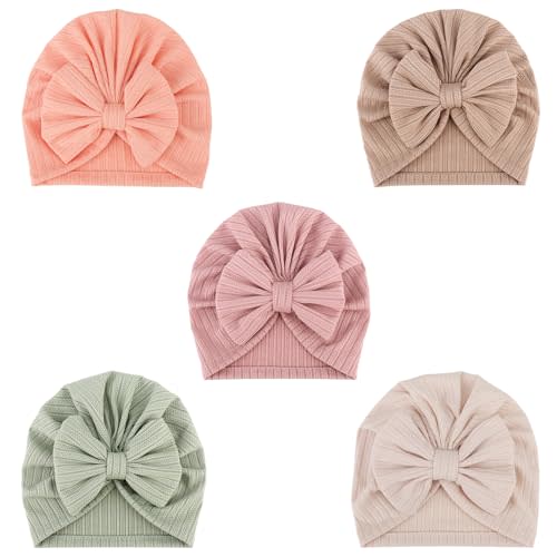 DRESHOW BQUBO 5 Pieces Newborn Baby Turban Hats Bow Baby Infant Beanie Breathable Toddler Cap for Baby Girls