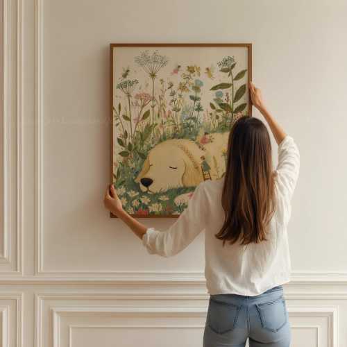 Golden Retriever and Fairies Art Print, Whimsical Dog Decor, Cottagecore Nursery Artwork, Dog Lover Gift (Printed Poster)