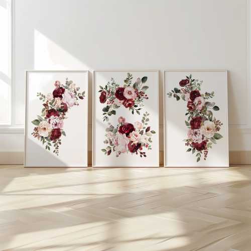Set of 3 Burgundy Flowers Prints, Floral Wall Art Set, Posters, Modern Art, Kids Bedroom Decor, Girl Nursery Decor, Playroom Prints