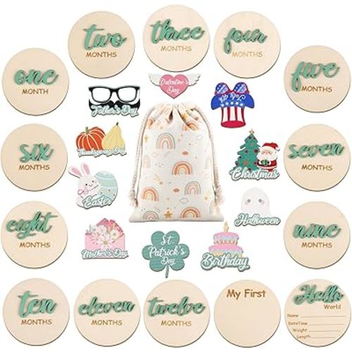 3D Baby Monthly Milestone Signs, Baby Announcement Sign Double Sided Hello World Newborn Signs Wooden Circles Discs for Newborn to 12 Months Tracking, Nursery Decor, Baby Shower Gift (Sage Green)