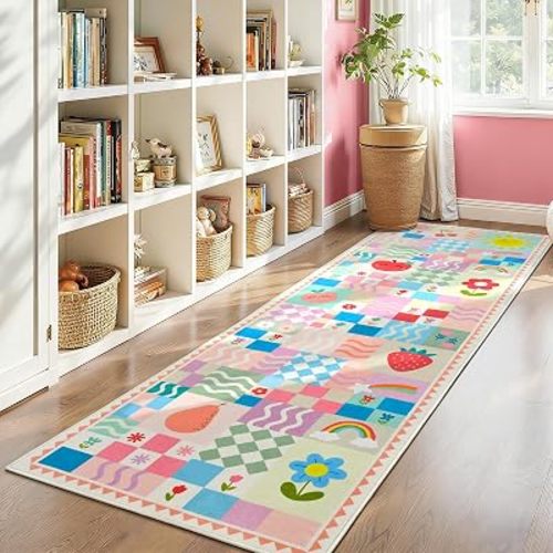 Pink Runner Rug for Girls Bedroom, Kids Hallway Washable Rug, Soft Non-Slip Carpet for Baby Toddler with Cute Colorful Fruit Rainbow Checkered Design, Low Pile Mats