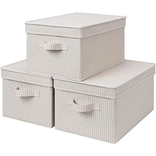 StorageWorks Large Storage Bins with Lids, Decorative Storage Boxes with Lid and Handles, Foldable Storage Baskets for Closet, Shelves, Stackable, Khaki Stripe, 3-Pack