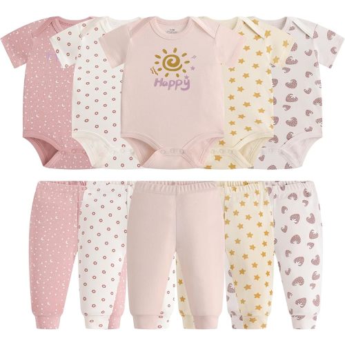 MEYSAHO Baby Newborn Layette 10-Piece Set Cotton Bodysuits Short Sleeve Pants Sets Strawberry Flower Printed for Baby Boys Girls Toddler Unisex Baby Gift Sets for 0 3 Months