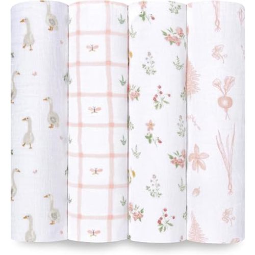 aden + anais Essentials Baby Muslin Swaddle Blankets, Newborn Receiving Blanket for Swaddling, 100% Cotton Baby Swaddle Wrap, 4 Pack, Country Floral