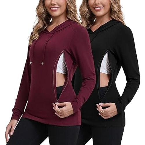 GINKANA 2 Pack Womens Nursing Sweatshirt Hoodie Long Sleeves Shirts Drawstring with Hidden Zipper Breastfeeding Pumping Top