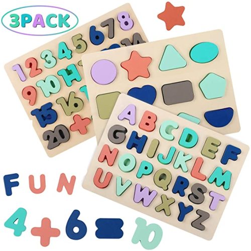 Kesletney Wooden Alphabet, Number, & Shape Puzzles for Kids