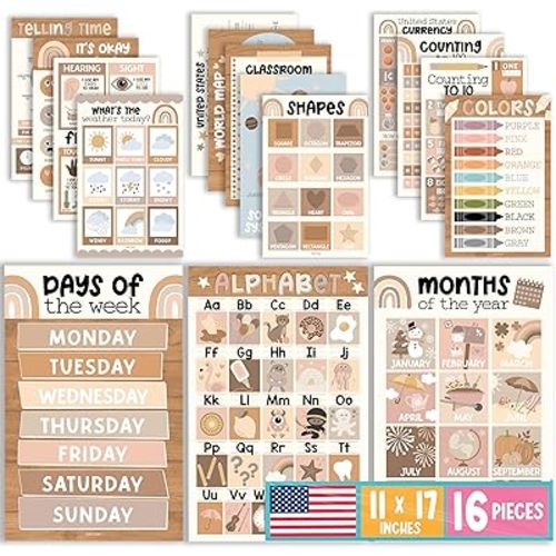 Hadley Designs 16 Educational Posters for Classroom Decor - Boho Educational Posters for Toddlers 1-3, Toddler Learning Posters for Kids Ages 3-5, Kindergarten & Preschool Classroom Must Haves