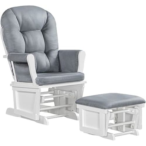 Lennox Furniture Glider Rocker with Ottoman, Smooth Gliding upholstered Chair Comfy with Side Pockets White Light Grey