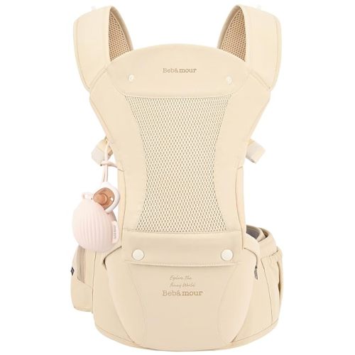 Bebamour Baby Carrier with Hip Seat,All-Position Breathable Mesh Hip Seat & Carrier 0-36Months with Head Hood, 3 PCS Teething Pads, Waist Extender,Storage Bag & Pacifier Case (Pink)