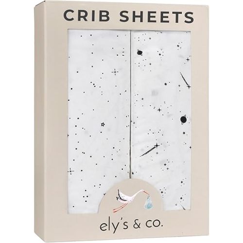 Ely’s & Co. Crib Sheets, Baby Girl/Boy Fitted Crib Mattress Sheet Set, 2 Pack, 100% Jersey Knit Cotton, Infant and Toddler Nursery Bedding, Black and White Celestial Print, 28” x 52”