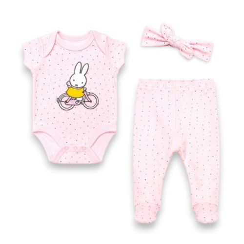 Miffy Baby Girls’ 3-Piece Soft Bodysuit, Footed Pants & Headband Layette Set, Pink/Multi-Dots, 3 Months