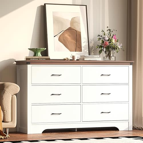 6 Drawers Dresser Chest, 52" Wide Modern Storage Organizer for Bedroom, Wood Tabletop TV Stand with for Guest Room, Closet, Entryway, Nursery, White+Walnut