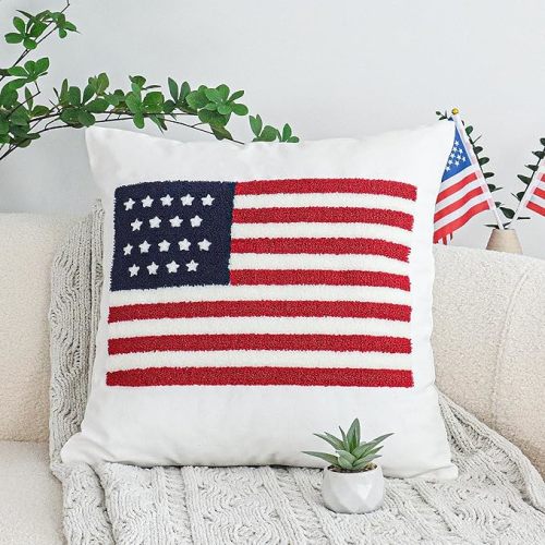 Jonhier 4th of July Throw Pillow Cover, Independence Day Patriotic Throw Pillow Case Tufted American Flag Pattern, Textured Cushion Cases Memorial Day Flag Day Decor for Sofa Bed (White, 18” x 18”)