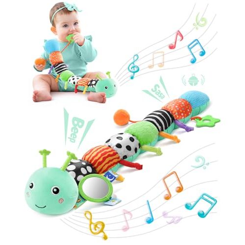 LIGHTDESIRE Baby Toys Sensory Musical Caterpillar Infant Toys 3 6 12 Months | Stuffed Animals with Ruler Design,Mirror,Pull String,Crinkle&Rattle Baby Teething Toy for Tummy Time Boy Girl Shower Gifts