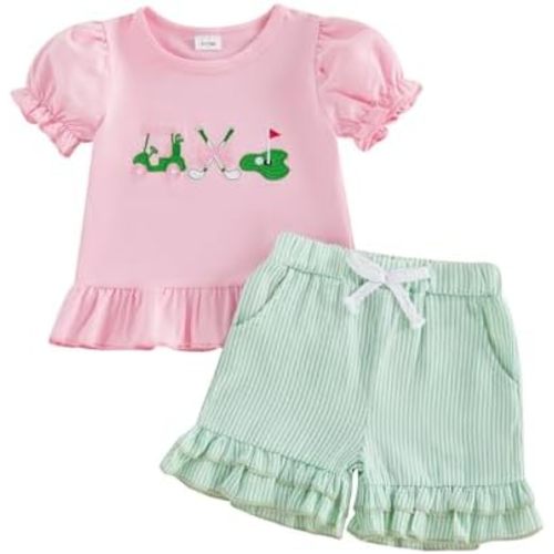 Toddler Baby Girl Golf Outfit Golf Embroidery Short Sleeve T-Shirt Plaid Shorts Set 2Pcs Infant Summer Clothes