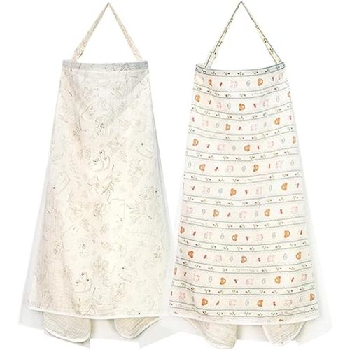 2Pcs Muslin Nursing Cover for Breastfeeding - Arch Neckline Hoop for Mom, Breathable Privacy Shield Travel Friendly Lightweight Adjustable Strap Summer Comfort Nursing Apron