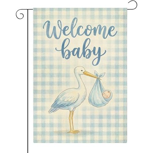 Welcome Home Baby Boy Garden Flag Blue Buffalo Plaid Its A Boy Announcement Yard Decor Sign Small Double Sided Burlap Gender Reveal Newborn Baby Shower Garden Flag for Outside Yard 12 x 18 Inch
