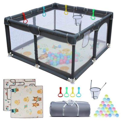 Garvee Small Playpen for Babies, Baby Care Playpen With Basketball Hoop, Carrying Travel Bag, Foldable Playmat, Ocean Balls, Handholds (Small)