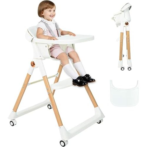 Baby High Chair for Toddler, Foldable High Chair for Dining Table Highchair with 5 Point Harness Seat Removable Adjustable Tray Portable Baby Dinning Chair with Lockable Wheels Easy to Clean Surface