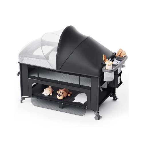 Babyomi 4 in 1 Baby Bassinet with Diaper Changer, Long Next to Bed Crib with Mattress,Height Adjustable,Pack and Play,Bedside Crib Sleeper, Black