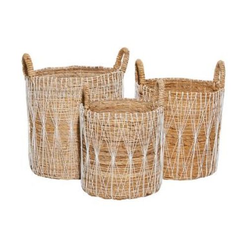 3pk Banana Leaf Storage Basket Brown - Olivia & May: Round Decorative Wicker Tabletop Baskets, Spot Clean, 20.55" Height