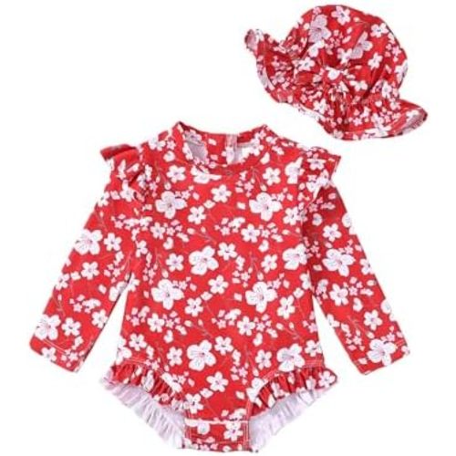 SUNNY PIGGY Baby Girls One Piece Swimsuit Long Sleeve Floral Bathing Suit+Hat 2Pcs