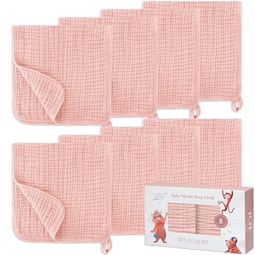 LILY O LAUREL Muslin Burp Cloths, 20"x10"- Pack of 8, 6 Layers Super Soft Absorbent & Breathable 100% Cotton for Baby Drool and Messes, Burp Cloth Baby Boy and Burp Cloths Baby Girl