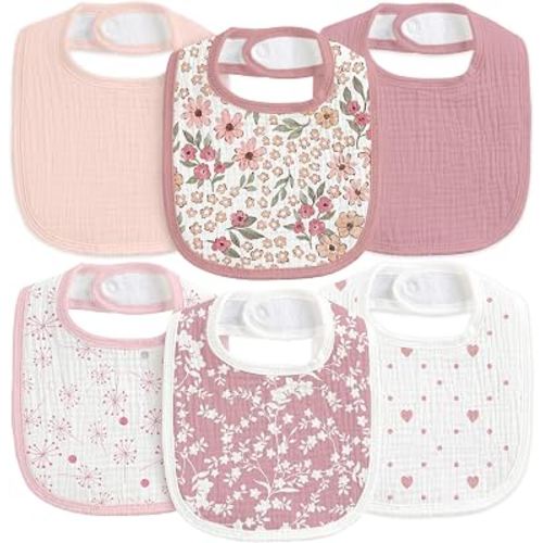 CIVARUA KIDS 6-Pack Muslin Baby Bibs for Drooling & Teething, Absorbent Bib | Soft Cotton Baby Drool Bib for Baby Boy Girl, Easy Adjustable Bibs for Toddlers, Newborn, Infants 0-36 Months Pink Flower