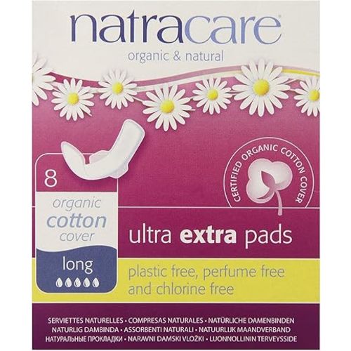 Natracare Ultra Extra Pads with Wings, Long, Individually Wrapped, Made with Certified Organic Cotton, Ecologically Certified Cellulose Pulp and Plant Starch (1 Pack, 8 Pads Total)