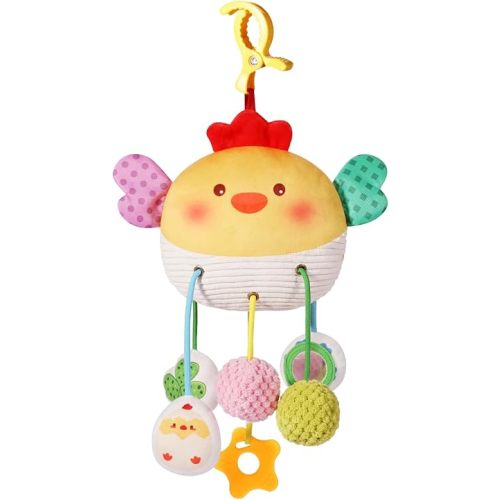 Baby Car Seat Toys 0-6 Months, Sensory Crib Hanging Soft Plush with Rattles, Crinkle Paper and Teether, Educational Toy for Baby Shower Newborn Infant Gifts (Yellow Chick)