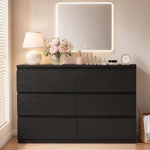 Orgobysol 6 Drawer Double Dresser for Bedroom, Modern Simply Chest of Drawers, Wood Storage Dresser with Anti-Tipping for Living Room Hallway Entryway, Nursy Black (15.3" D x 47.2" W x 32.3" H)