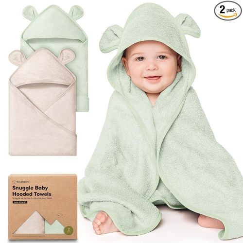 KeaBabies 2-Pack Hooded Baby Towels for Newborn - 30x30 Soft & Absorbent Viscose from Bamboo Baby Bath Towels with Hood for Infant, Toddler,Kids,Boys Girls,Newborn Bath Essentials (Sage, Petite)
